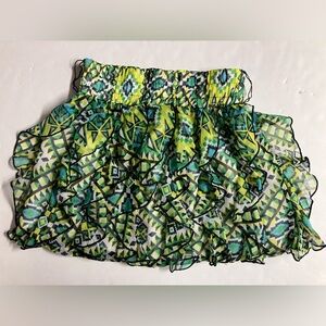 Women’s Frilled Mini Skirt, Small, Greens/Yellow, Geom Pattern, Rachael & Chloe